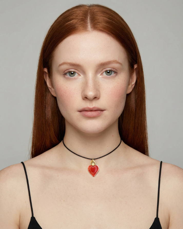 Charms - Pendentif Coeur Rouge Flamme Or Porcelaine
