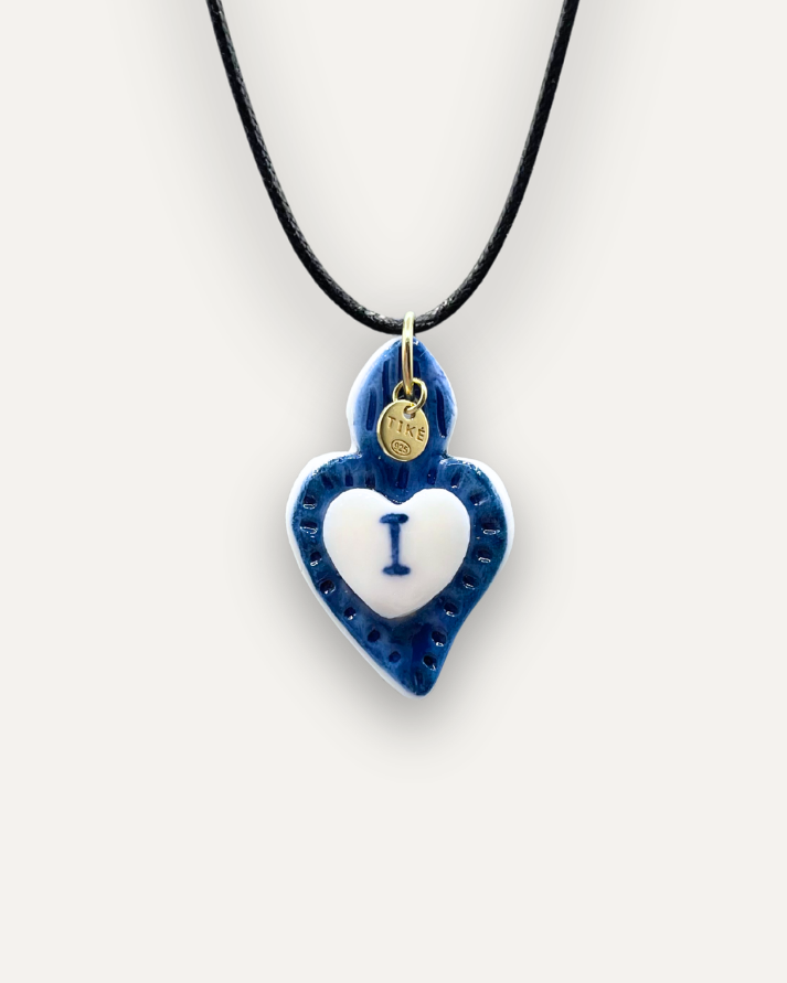 Charms - Blue Heart Porcelain Pendant - Letter I
