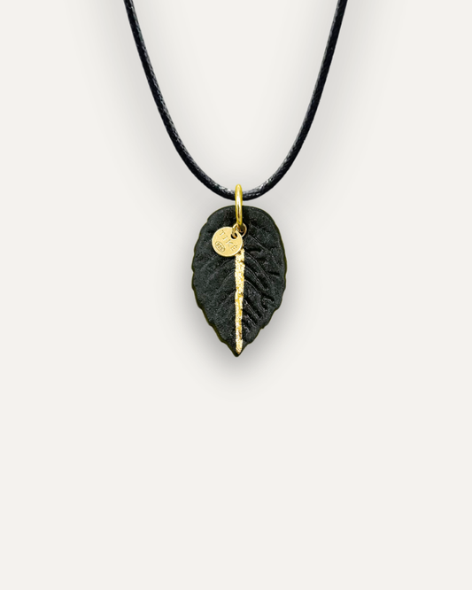 Charms - Black Leaf Porcelain Pendant with Gold Line