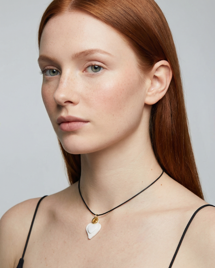 Charms - White Heart Flame Gold Porcelain Pendant