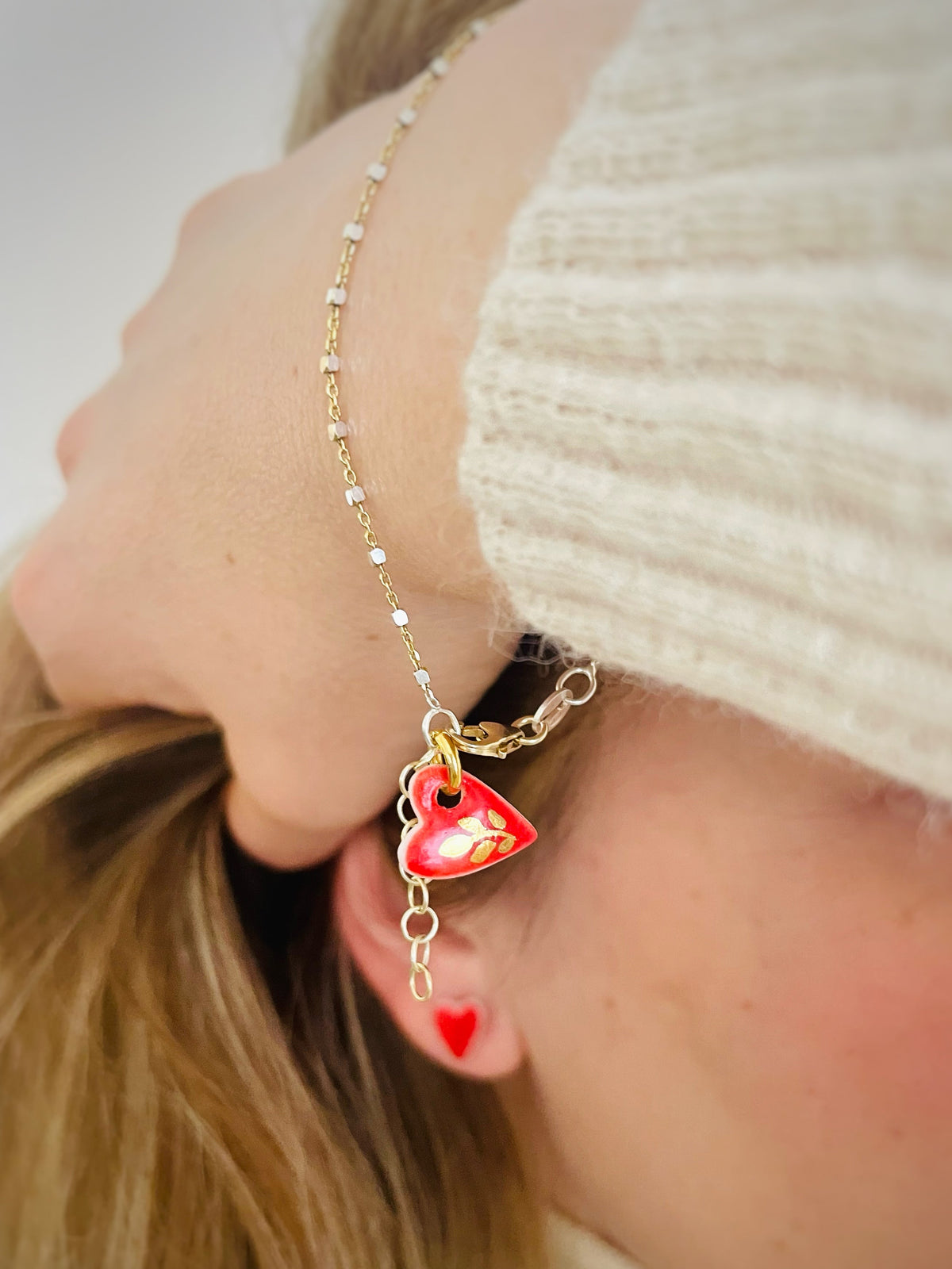 Bracciale Argento 925 - Cuore con foglia in Porcellana